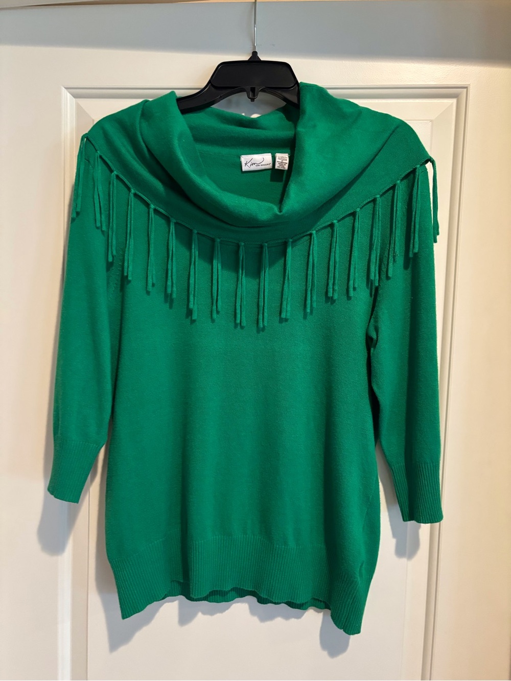 Kim Rogers Emerald Green Fringe Cowl Neck Sweater